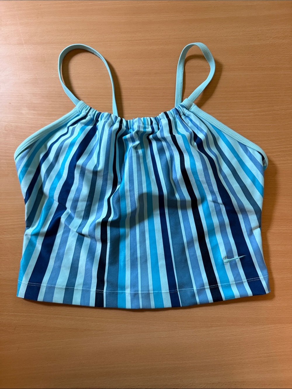 Nike Light Blue and White Striped Athletic Crop Tank